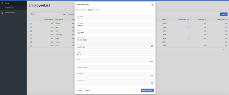 Oracle Apex - Normal Report with Modal form dialog.