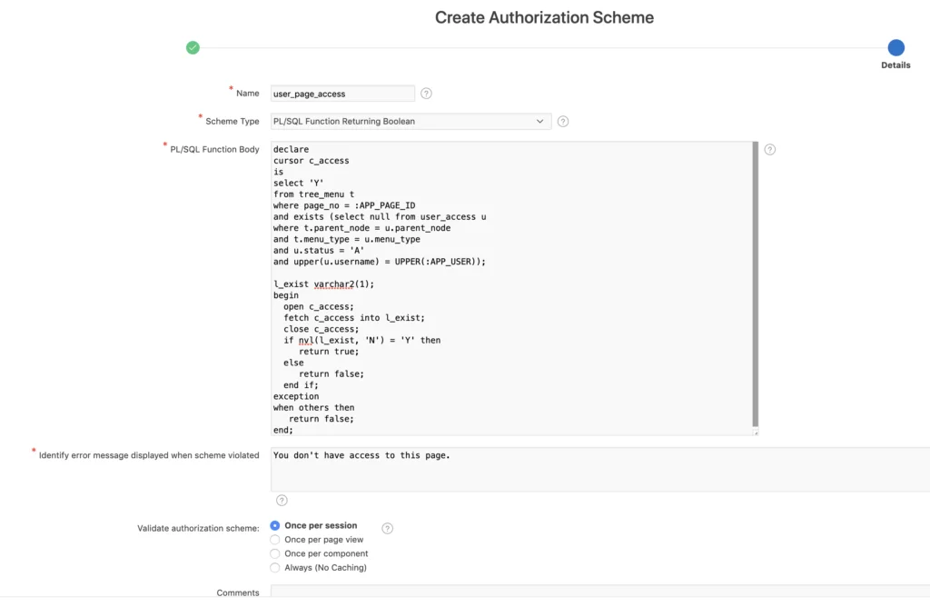 Oracle Apex Authorization Scheme step-2