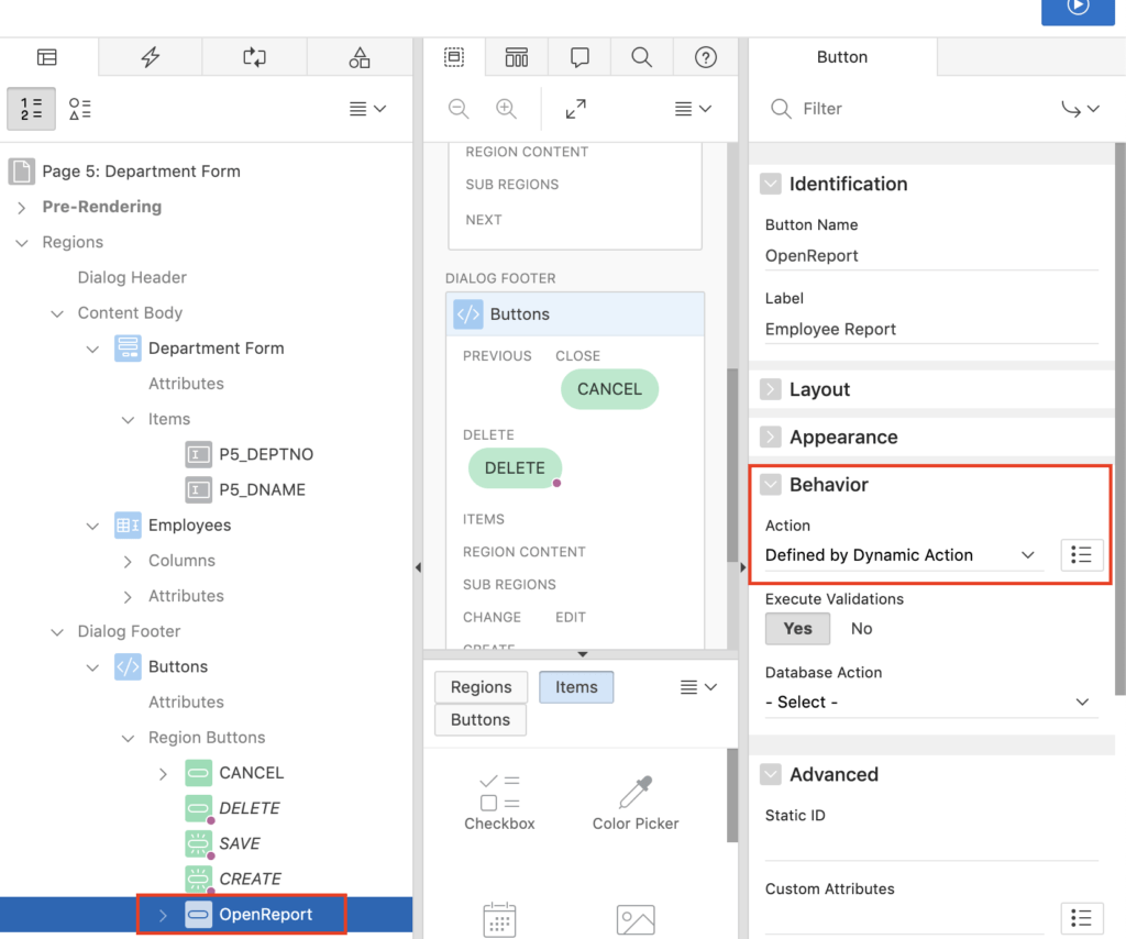 Button properties in Oracle Apex.