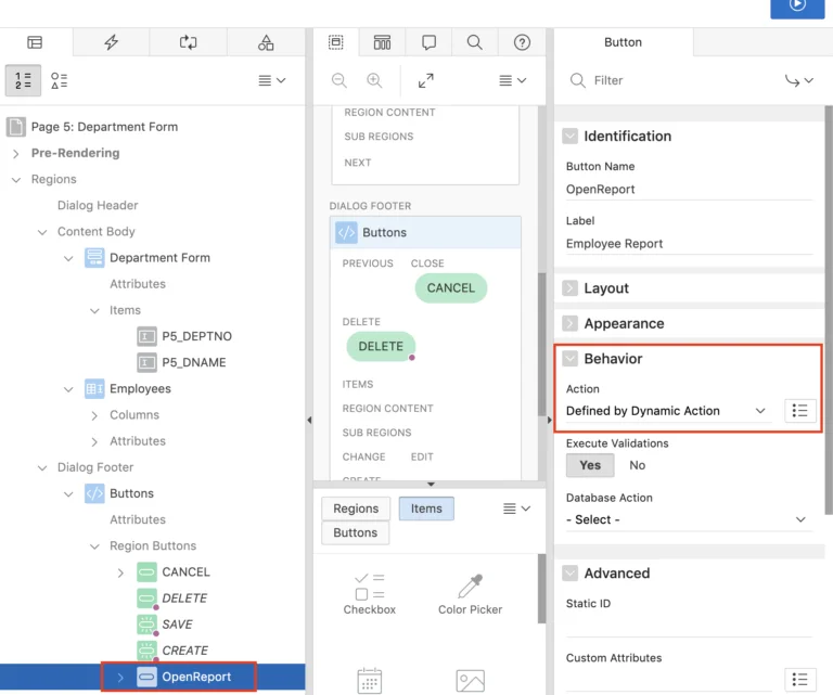 Button properties in Oracle Apex.