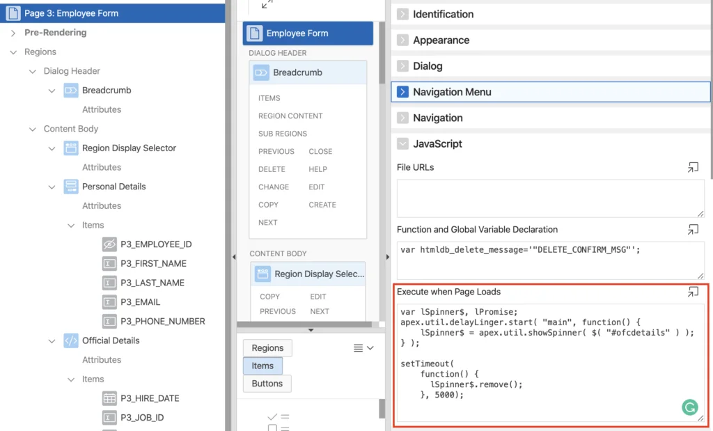 Oracle Apex - JavaScript code on page load.