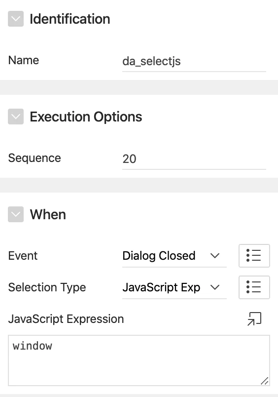 Oracle Apex dynamic action JavaScript expression.