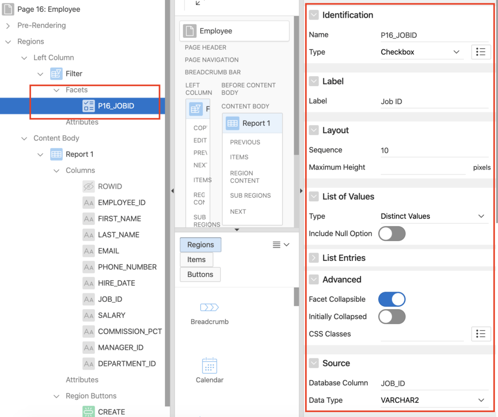Oracle Apex create facet for a field.