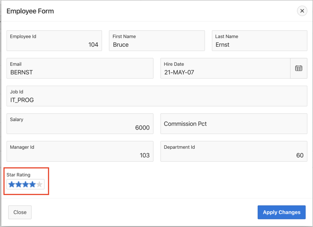 Oracle Apex star rating field output.