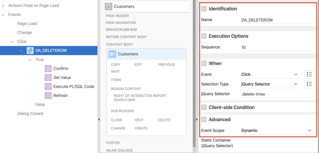Oracle Apex Dynamic Action jQuery Selector settings.