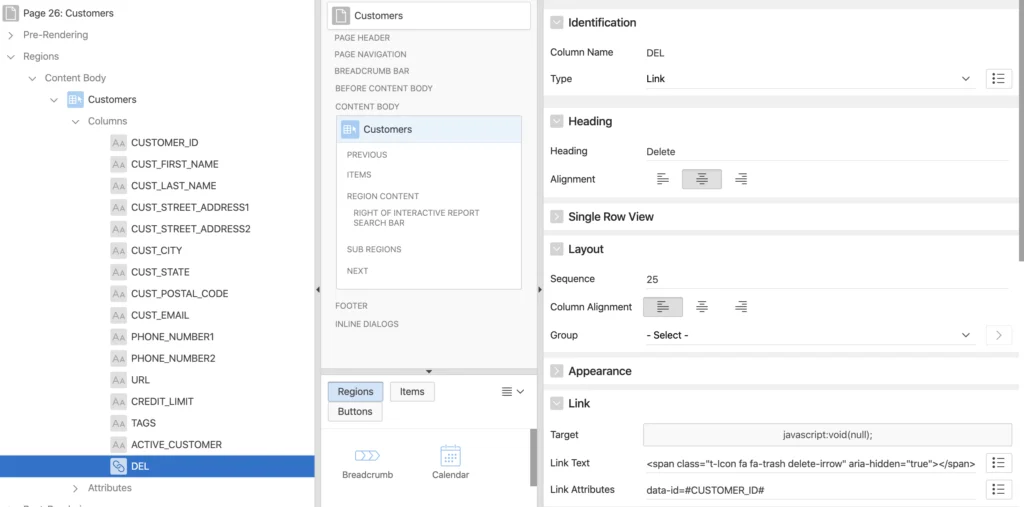 Oracle Apex Interactive Report Delete Row Button Settings.