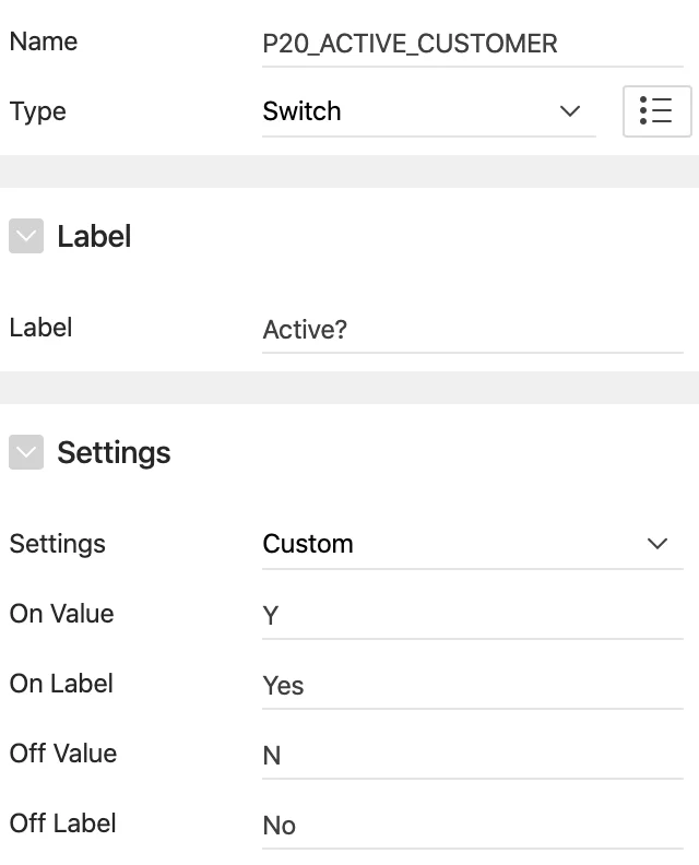 Oracle Apex Switch settings.