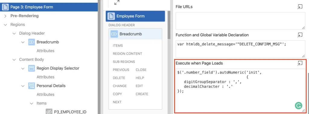 Oracle Apex - JavaScript code to execute on page load.