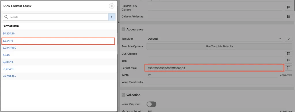 Oracle Apex - format mask property.