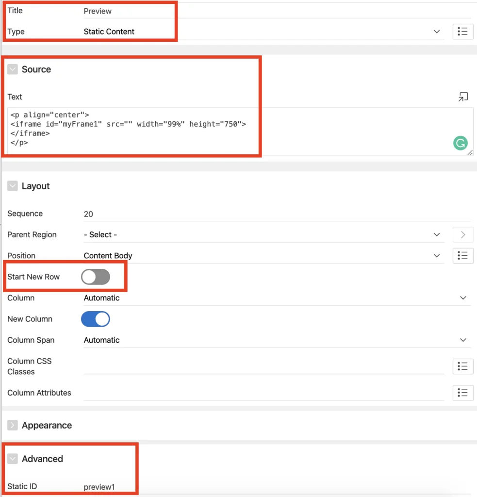 Oracle Apex: Static region settings to display CLOB contents.