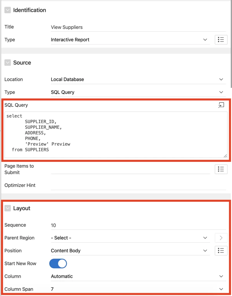 Oracle Apex - Interactive report settings.
