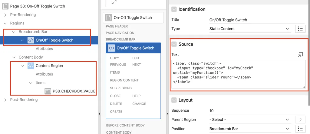 Region settings for Toggle switch in Oracle Apex.