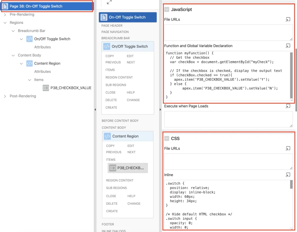 CSS and JavaScript settings for Toggle Switch in Oracle Apex.