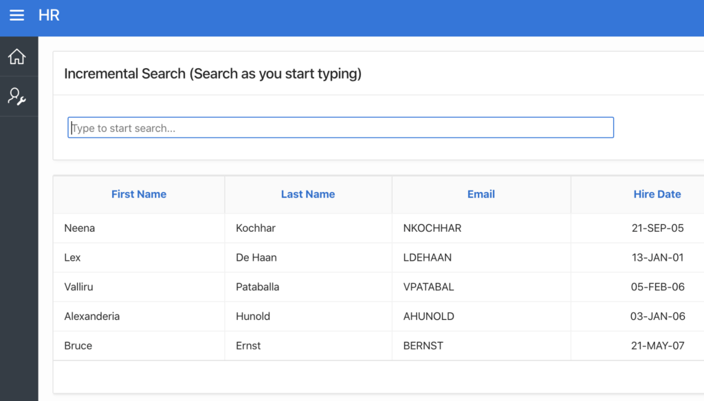 Incremental Search example output - Oracle Apex.