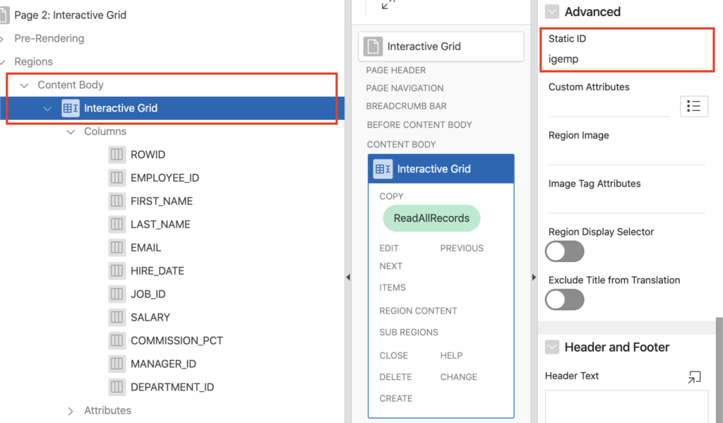 Oracle Apex - specify static id for the interactive grid.