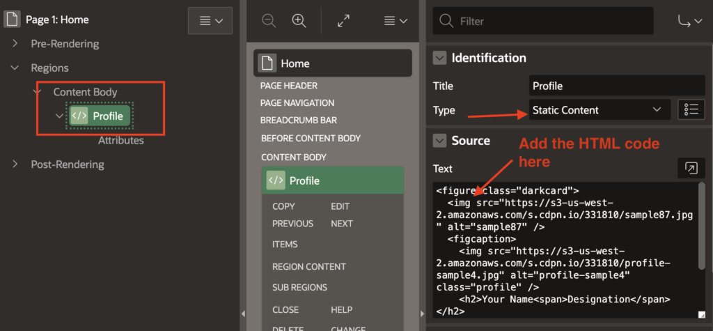 Adding HTML code snippet to a region in Oracle Apex.