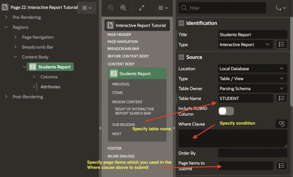Creating Interactive Report region in Oracle Apex.