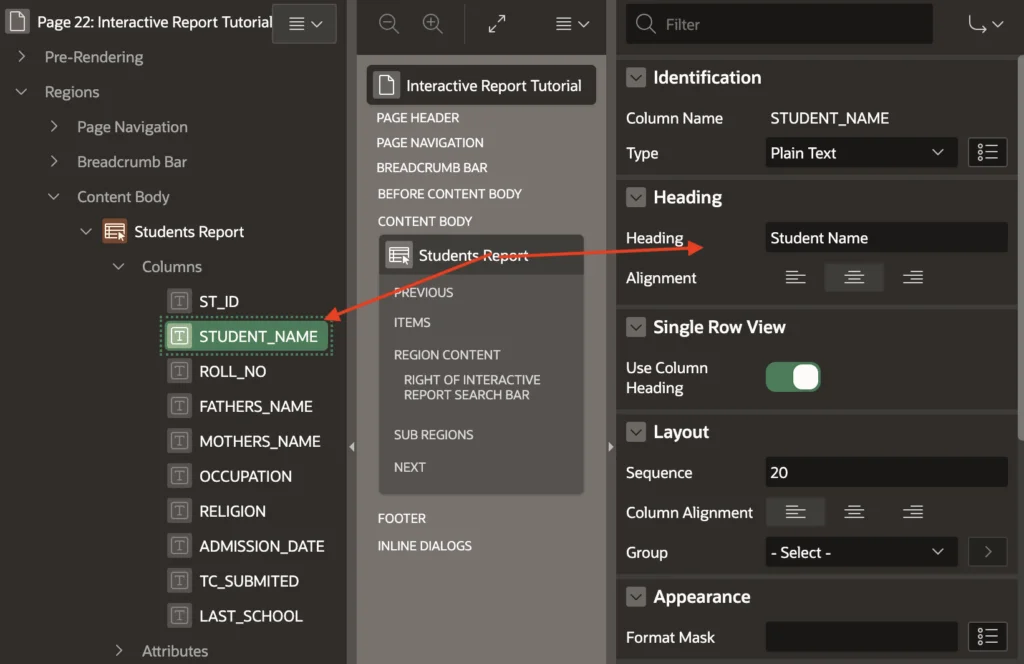 Oracle Apex - setting headings for the columns.