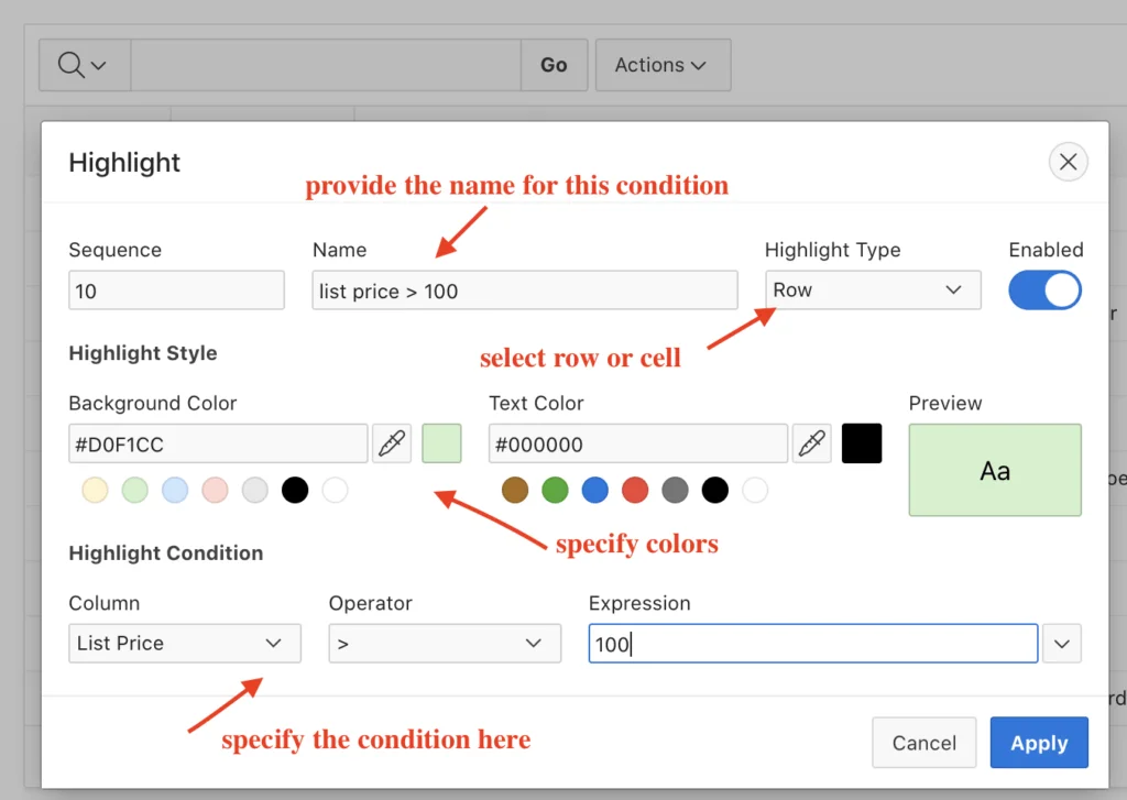 Oracle Apex report condition example.