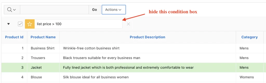 Hide the condition name region of the report.