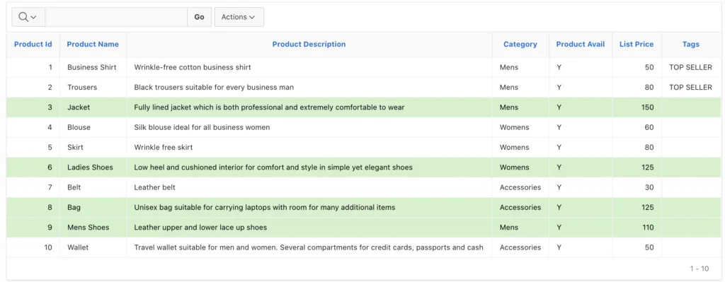 Oracle Apex report highlight with hidden control panel.