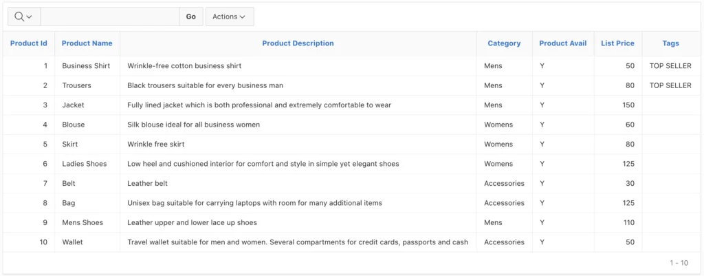 Product detail report in Oracle Apex.