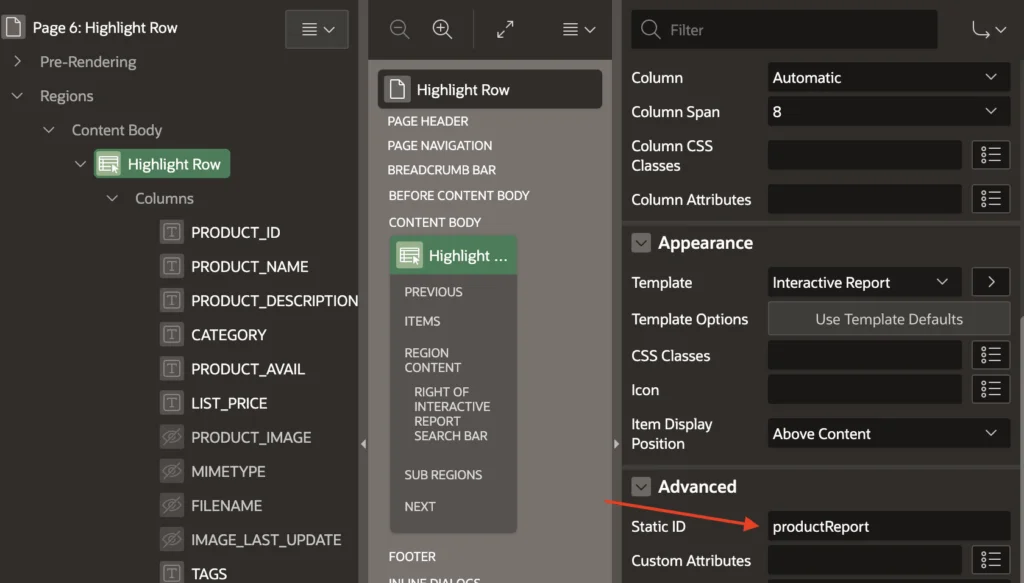 Specify static id for the report in Oracle Apex.