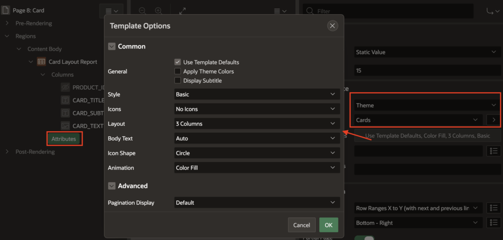 Card attributes in Oracle Apex.