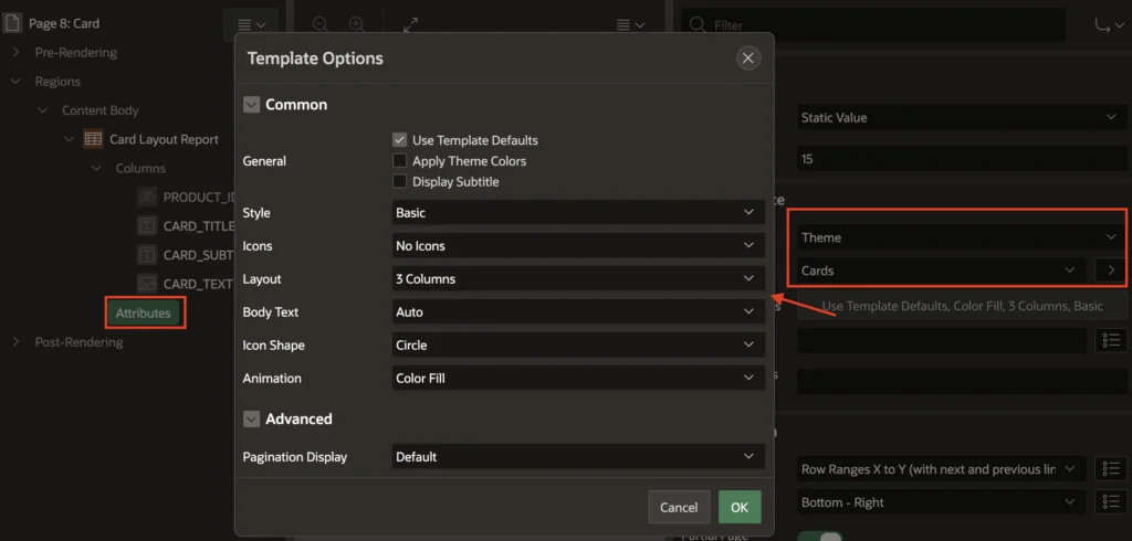 Card attributes in Oracle Apex.