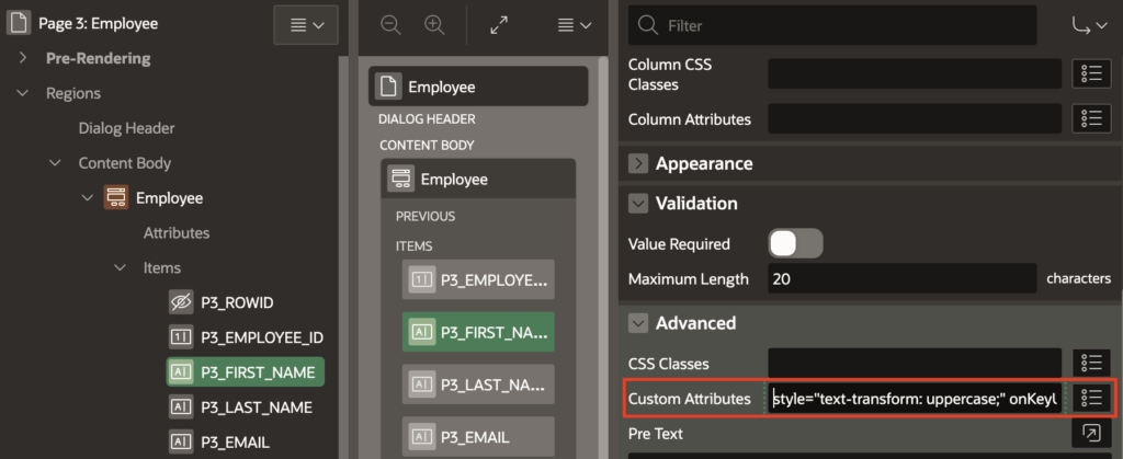 Convert a text item to upper case in Oracle Apex.