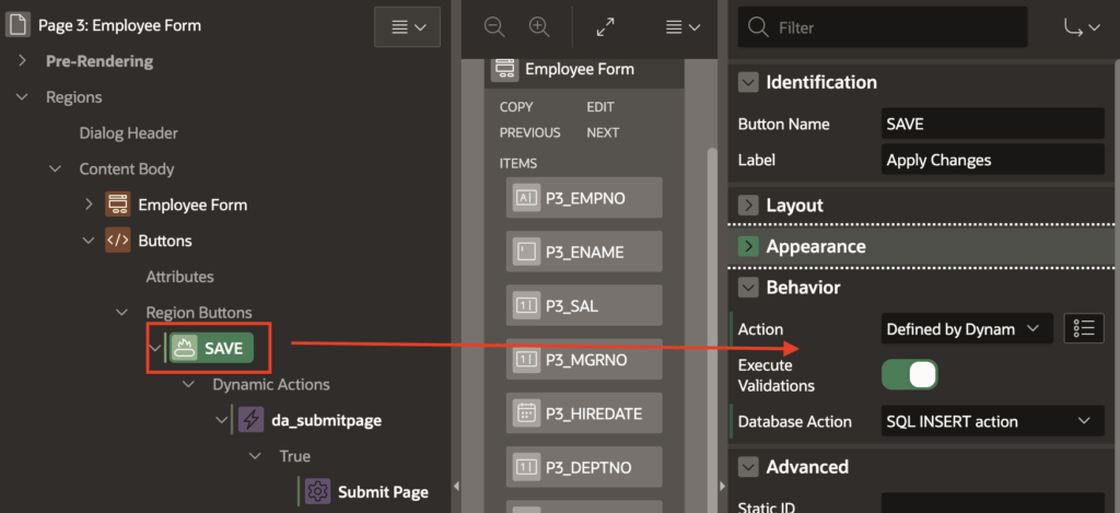 Button settings for submit page.