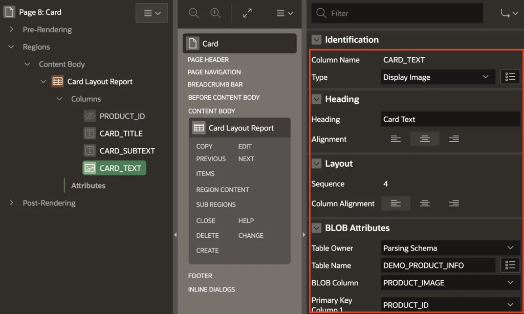 Card layout report image column settings.