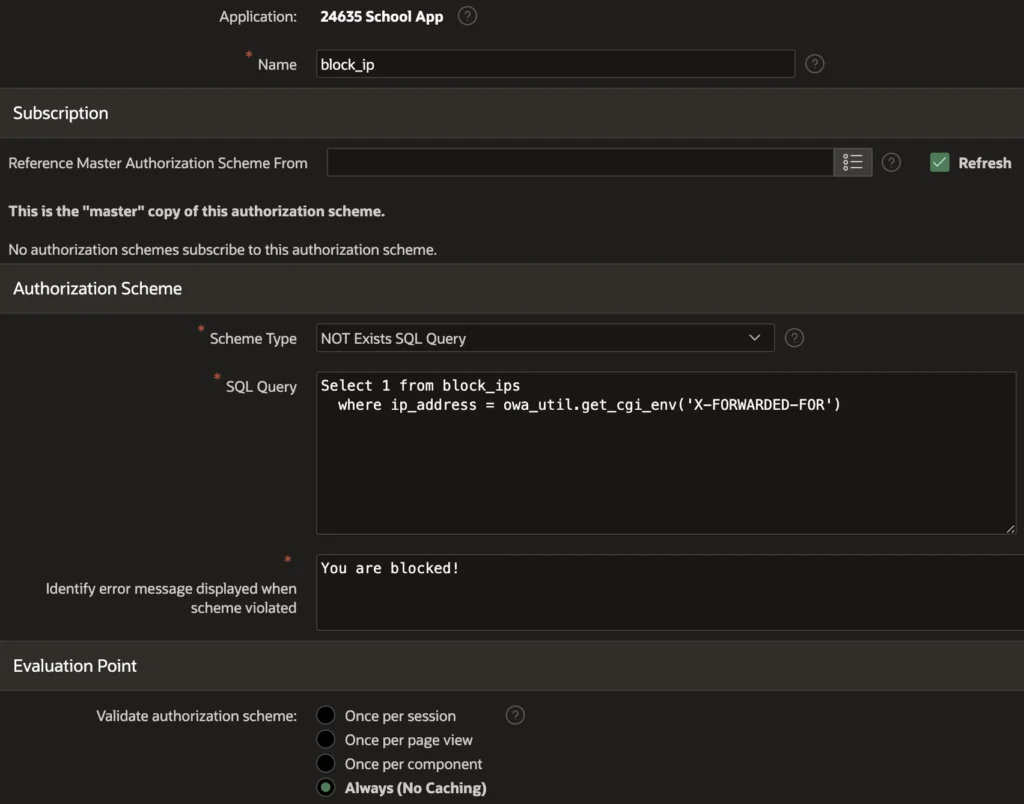 Create authorization scheme in Oracle Apex.