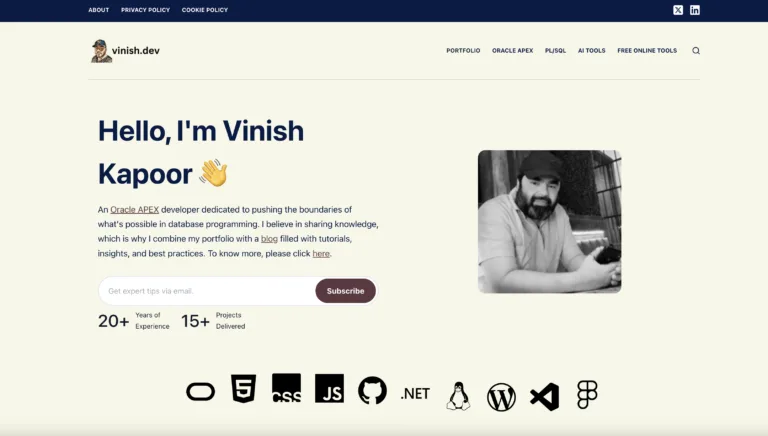 Vinish Kapoor's homepage showing profile photo, Oracle APEX developer intro, and technology stack icons