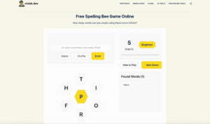 Screenshot of a spelling bee game inspired by the NYT puzzle.