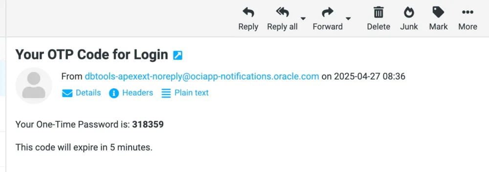 Screenshot of OTP email example in Oracle APEX.