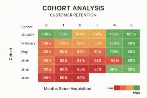 Table showing cohort analysis for customer retention with color-coded retention percentages.