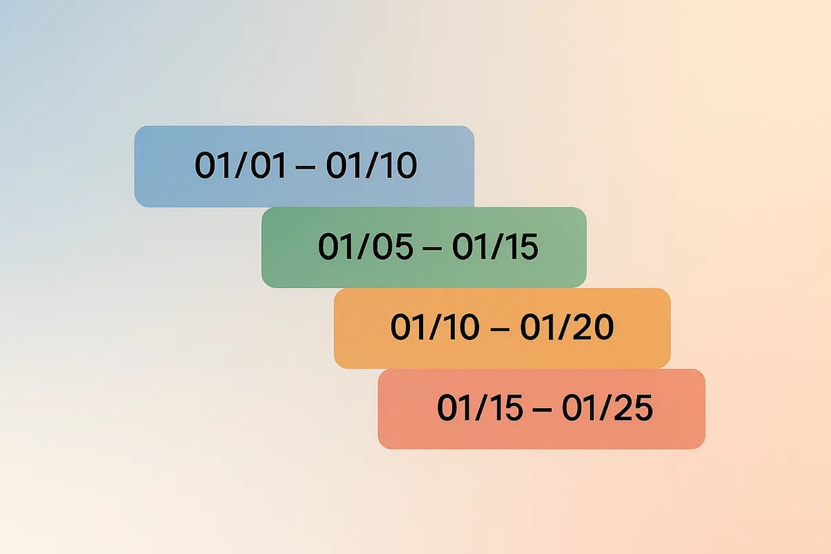 Overlapping date ranges shown as colored bars: 01/01–01/10, 01/05–01/15, 01/10–01/20, 01/15–01/25.