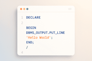 PL/SQL code snippet in a light-themed editor displaying "Hello World" output using DBMS_OUTPUT.
