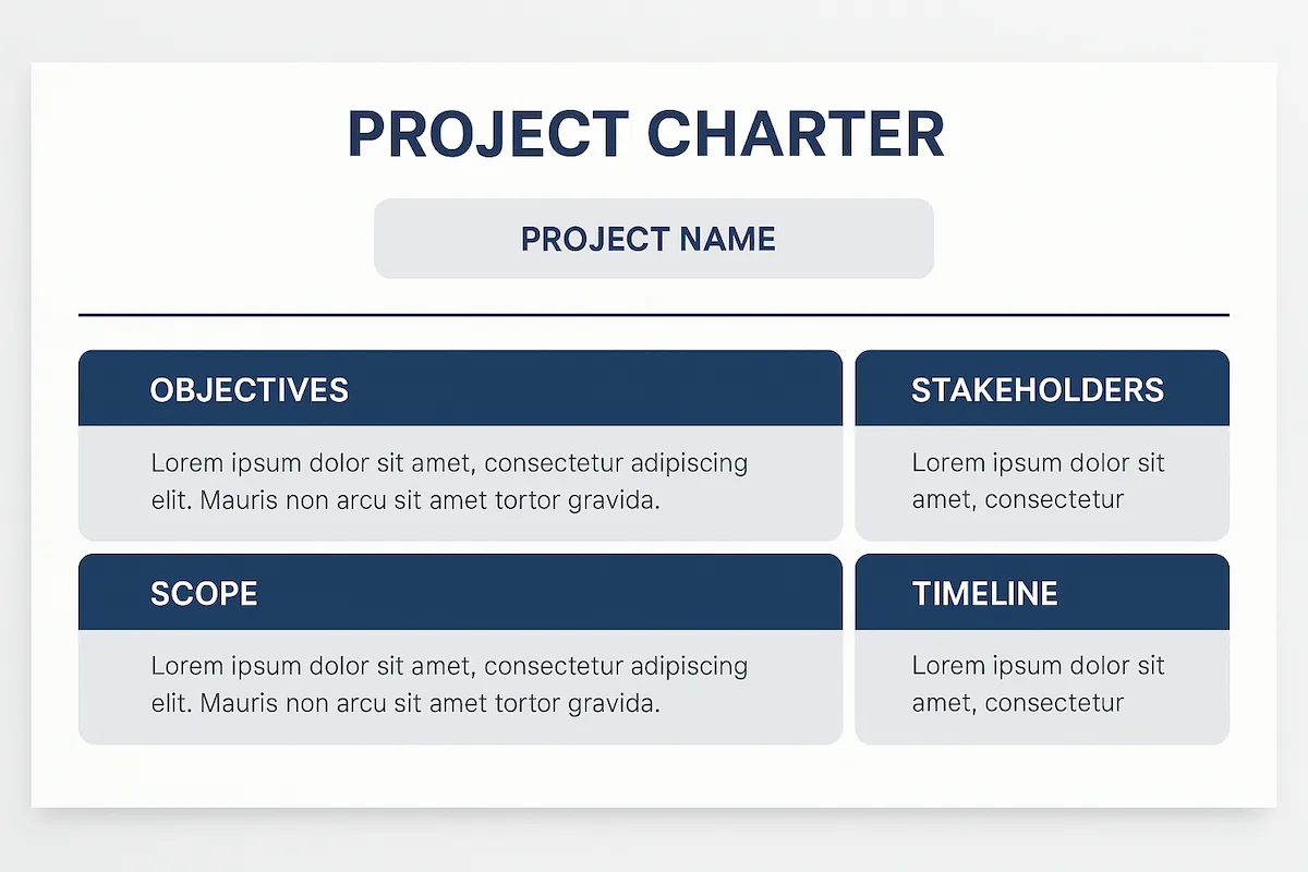 Comprehensive project charter template with key components highlighted