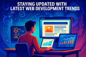 A person at a desk with multiple screens, analyzing web trends in a futuristic tech setting.