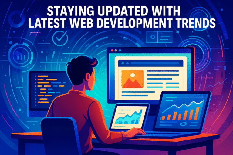 A person at a desk with multiple screens, analyzing web trends in a futuristic tech setting.