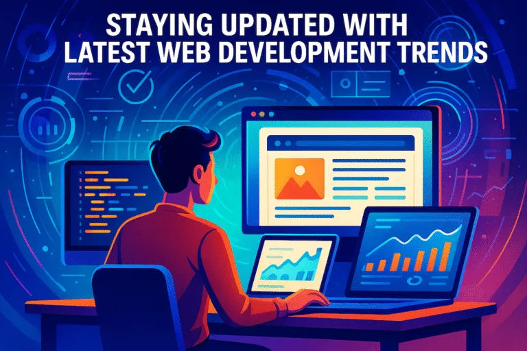 A person at a desk with multiple screens, analyzing web trends in a futuristic tech setting.