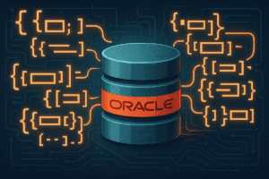 Illustration of an Oracle database surrounded by glowing JSON structures on a tech-themed background.