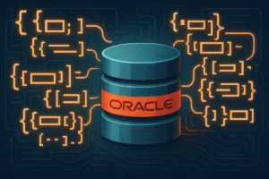Illustration of an Oracle database surrounded by glowing JSON structures on a tech-themed background.