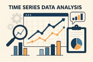Flat illustration showing time series analysis with charts, graphs, clock, and data icons.