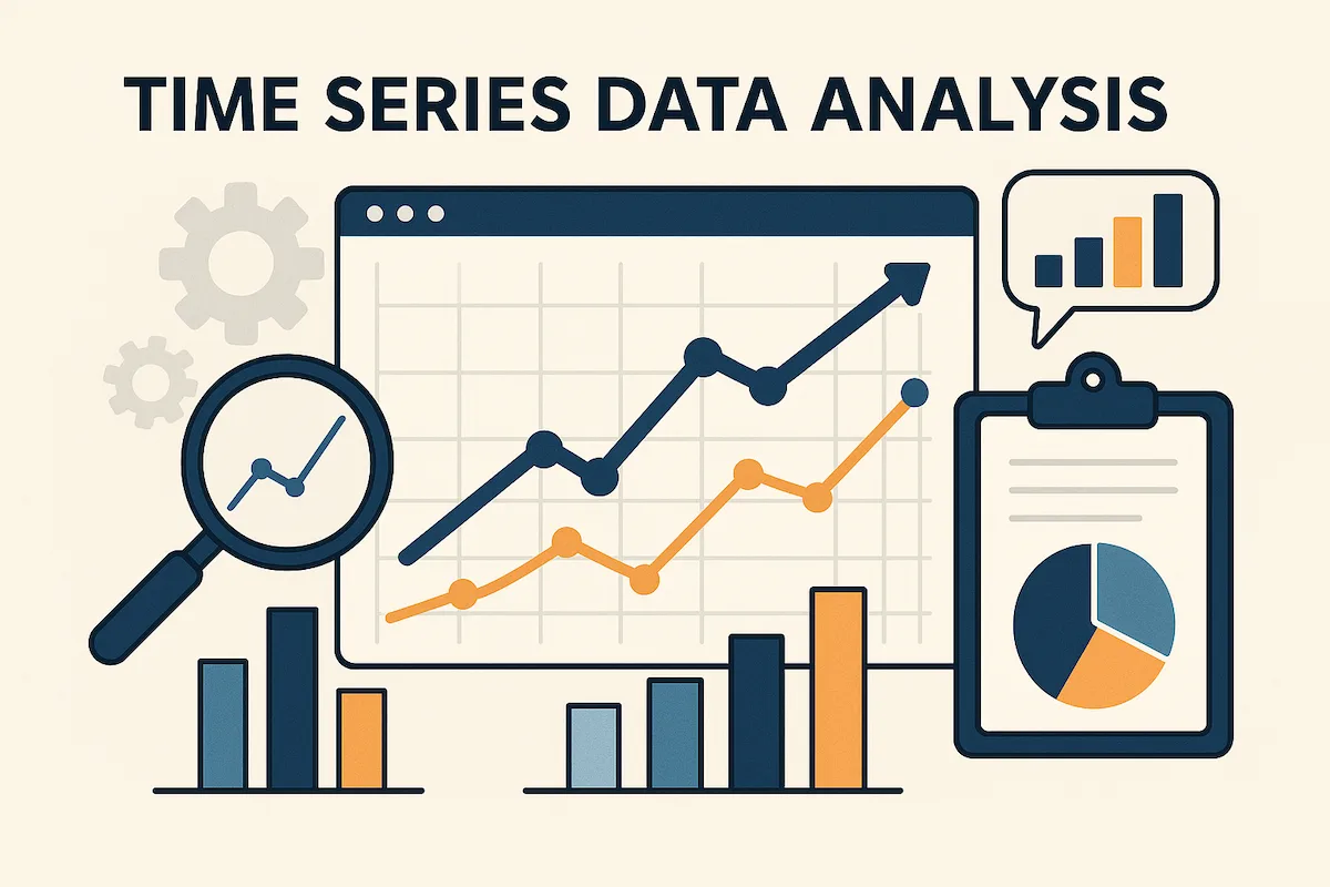 Flat illustration showing time series analysis with charts, graphs, clock, and data icons.