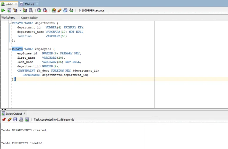 Creating a table in Oracle Database 23ai.