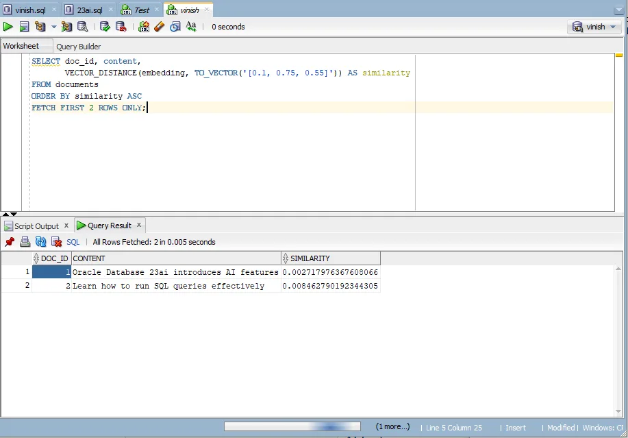 Oracle 23ai Select query result for vector.