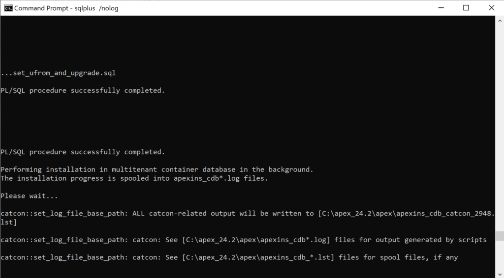 Oracle APEX 24.2 installation is running in background.